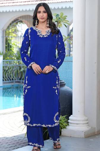Royal-blue embroidered modal satin straight cut kurta culottes set