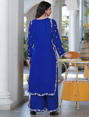Royal-blue embroidered modal satin straight cut kurta culottes set 3