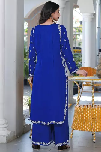 Royal-blue embroidered modal satin straight cut kurta culottes set