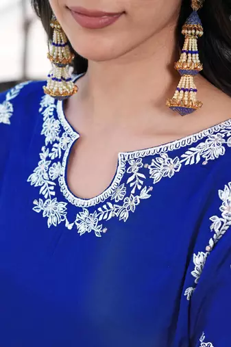 Royal-blue embroidered modal satin straight cut kurta culottes set