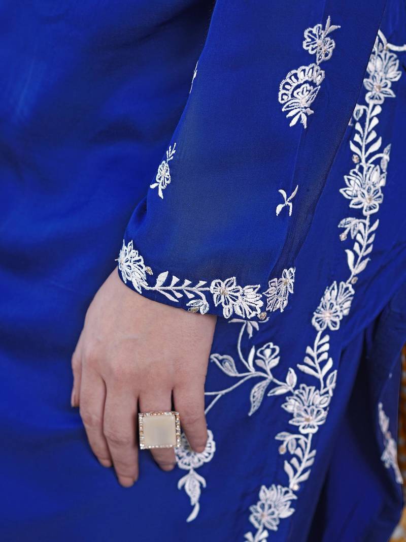 Royal-blue embroidered modal satin straight cut kurta culottes set