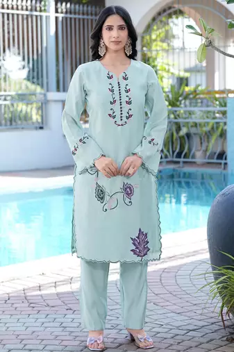Sea-green embroidered art silk straight cut kurta pants set