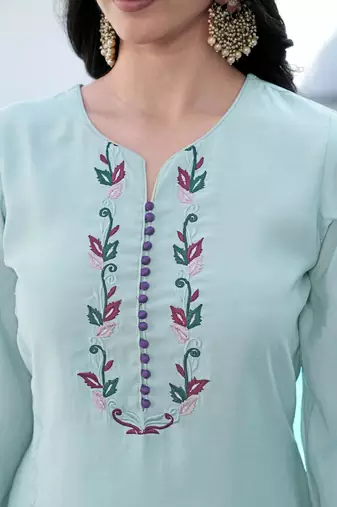 Sea-green embroidered art silk straight cut kurta pants set