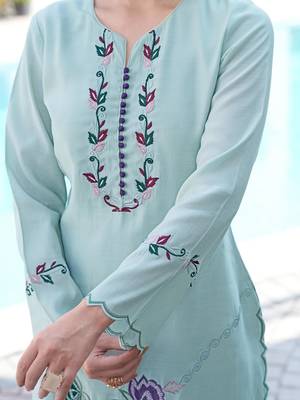 Sea-green embroidered art silk straight cut kurta pants set 5