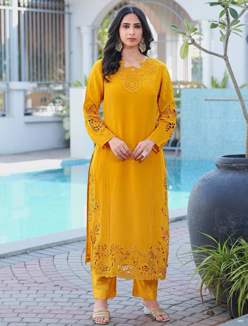 Yellow embroidered art silk straight cut kurta pants set