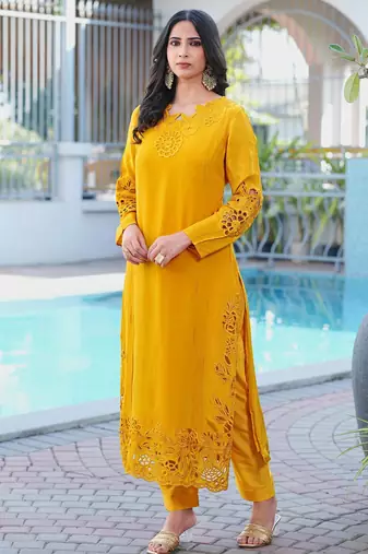 Yellow embroidered art silk straight cut kurta pants set