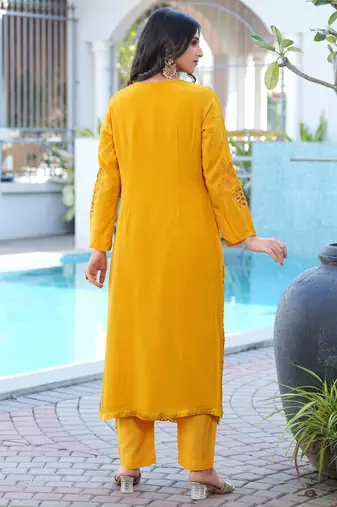 Yellow embroidered art silk straight cut kurta pants set