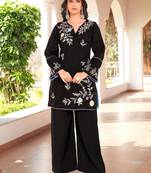 Black embroidered art silk straight cut kurta culottes set
