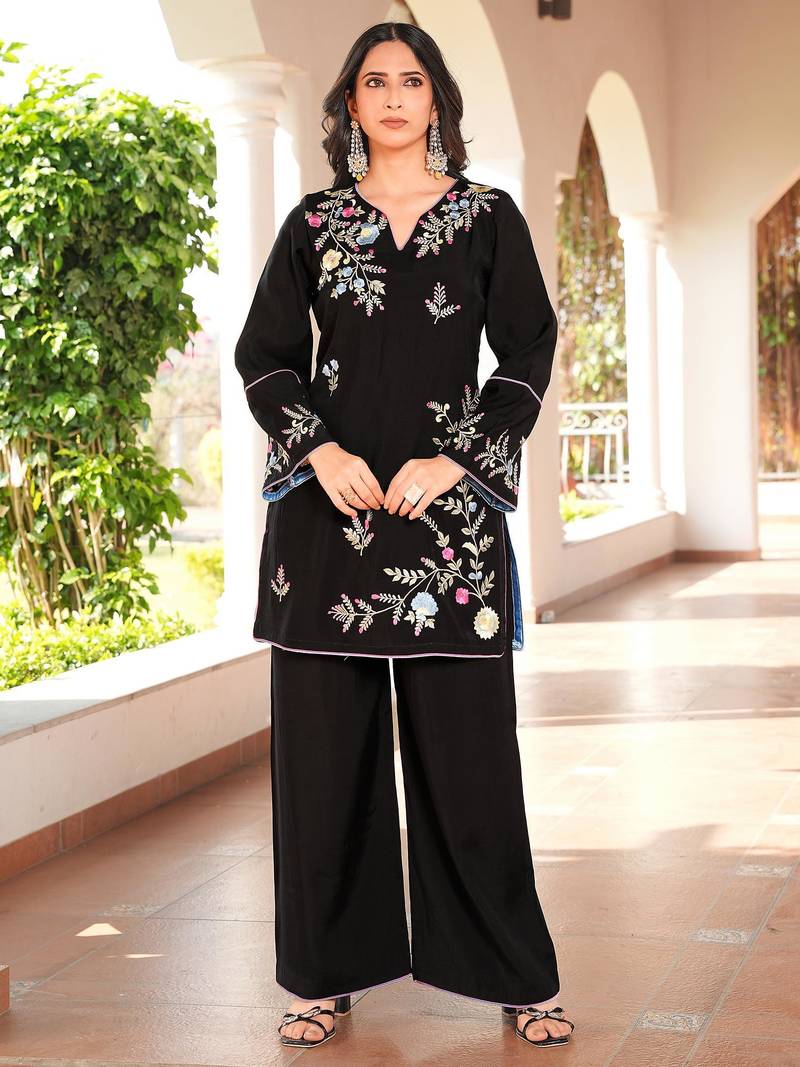 Black embroidered art silk straight cut kurta culottes set
