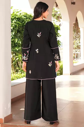Black embroidered art silk straight cut kurta culottes set