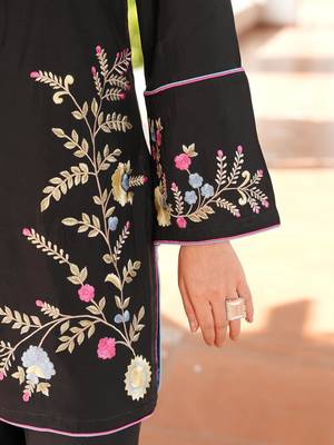 Black embroidered art silk straight cut kurta culottes set 5
