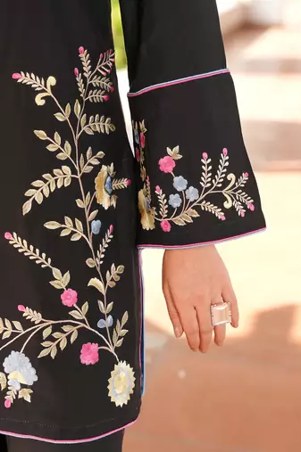 Black embroidered art silk straight cut kurta culottes set