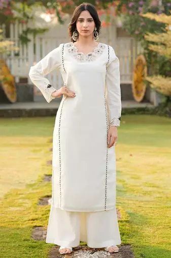 Cream embroidered art silk straight cut kurta palazzo set