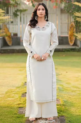 Cream embroidered art silk straight cut kurta palazzo set