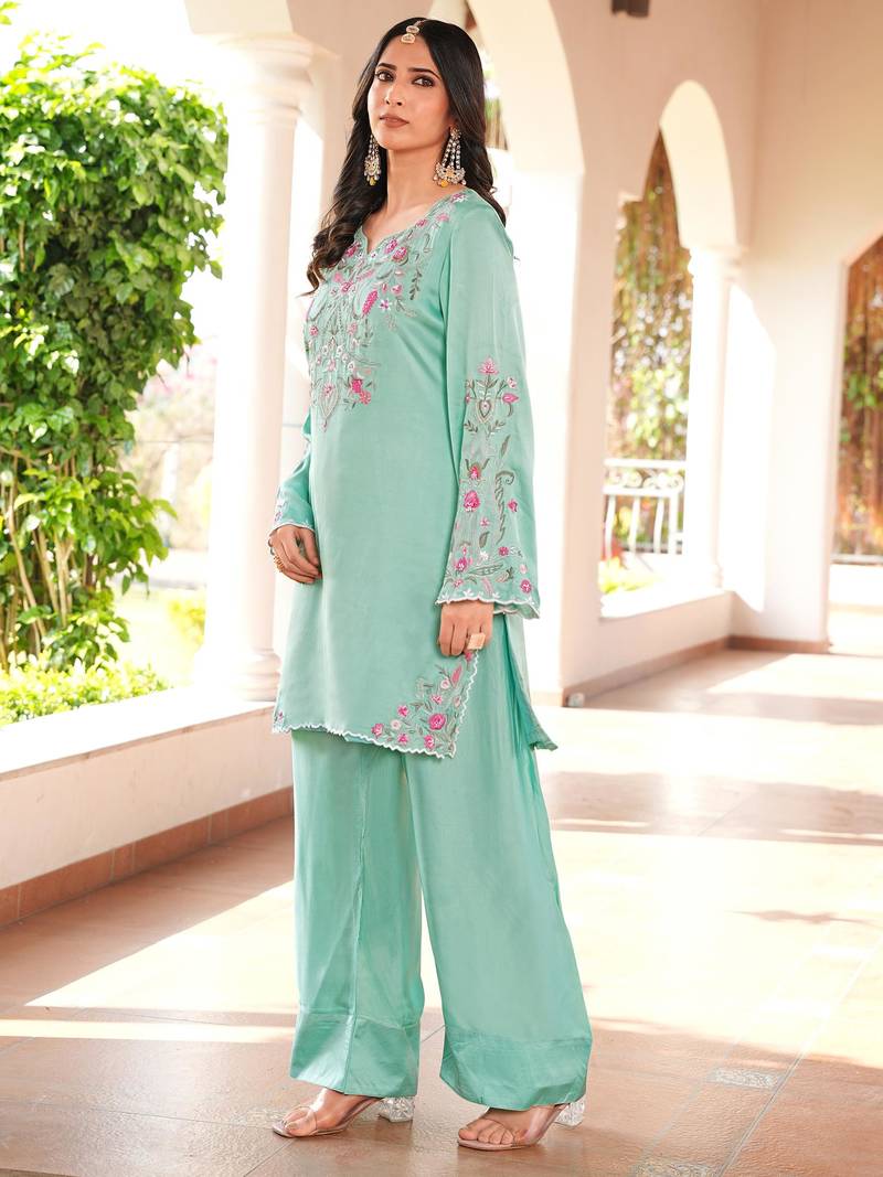 Light-green hand embroidery modal satin straight cut kurta farshi salwar set