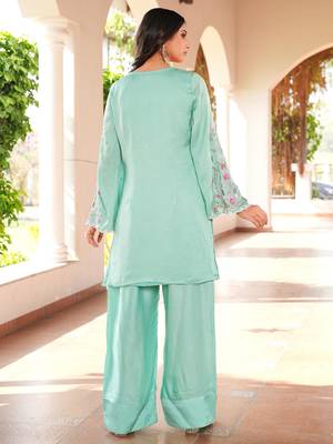 Light-green hand embroidery modal satin straight cut kurta farshi salwar set 4