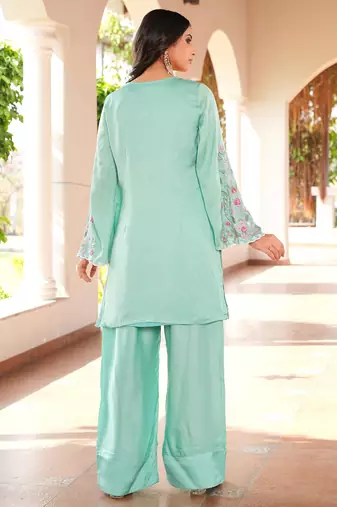 Light-green hand embroidery modal satin straight cut kurta farshi salwar set