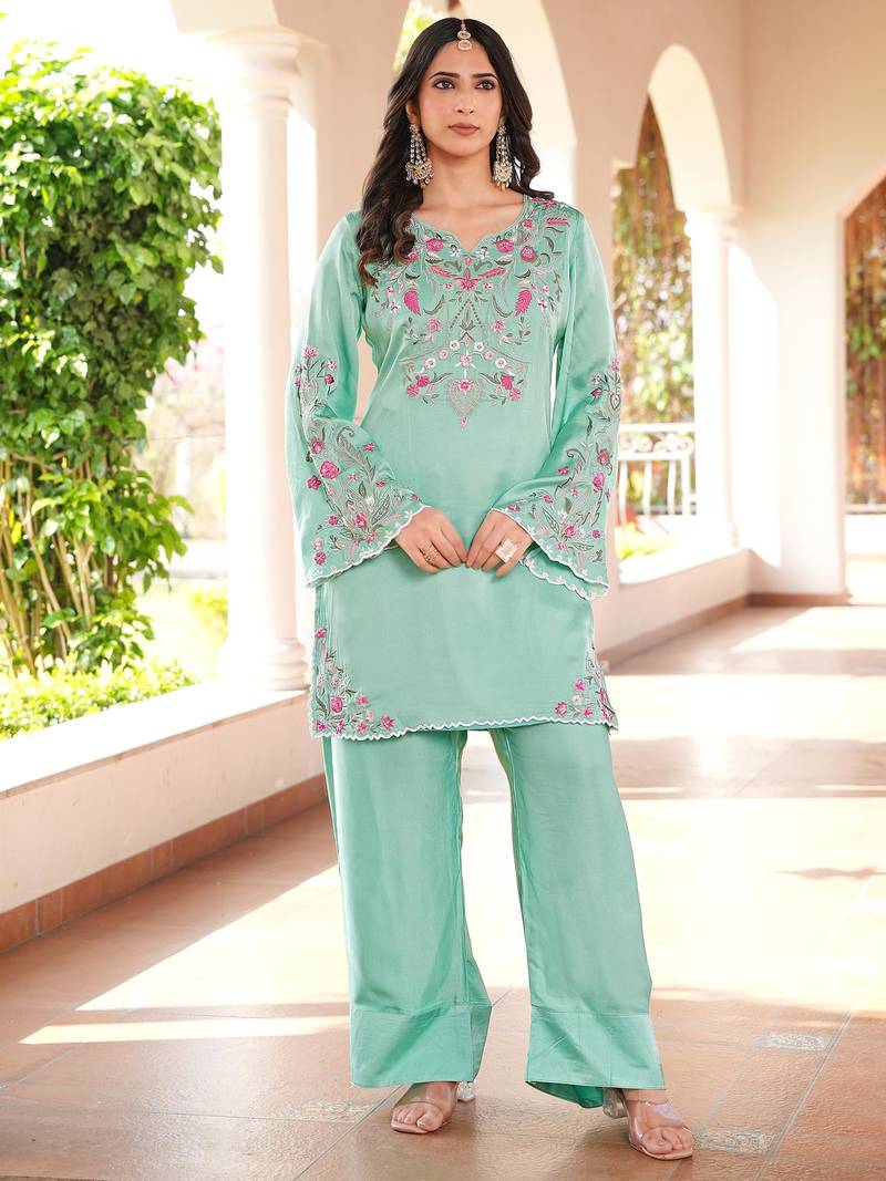 Light-green hand embroidery modal satin straight cut kurta farshi salwar set