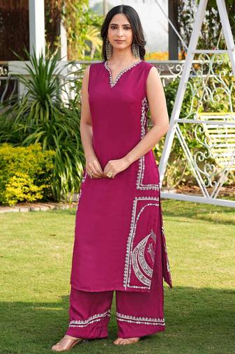 Pink hand embroidery modal satin straight cut kurta culottes set