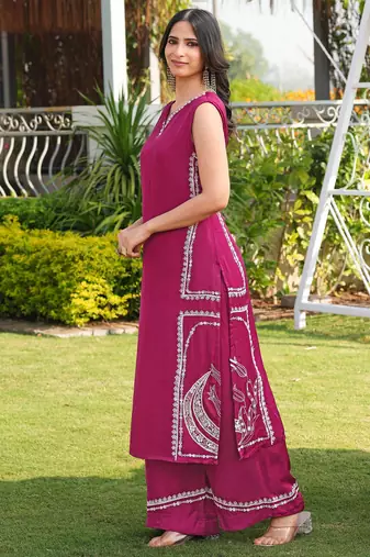 Pink hand embroidery modal satin straight cut kurta culottes set