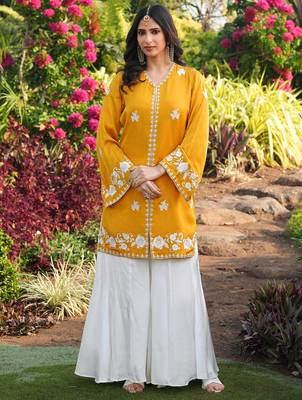 Yellow hand embroidery modal satin straight cut kurta kalidar palazzo set 1