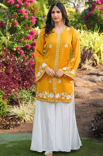 Yellow hand embroidery modal satin straight cut kurta kalidar palazzo set