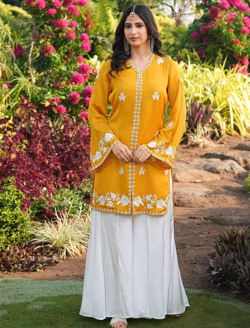 Yellow hand embroidery modal satin straight cut kurta kalidar palazzo set