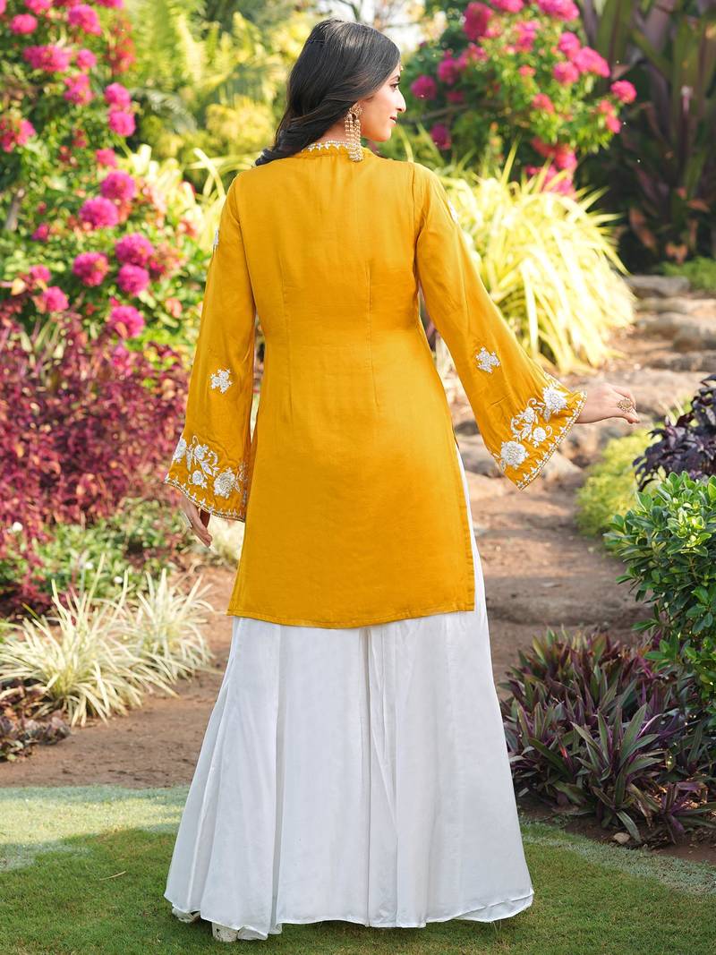 Yellow hand embroidery modal satin straight cut kurta kalidar palazzo set