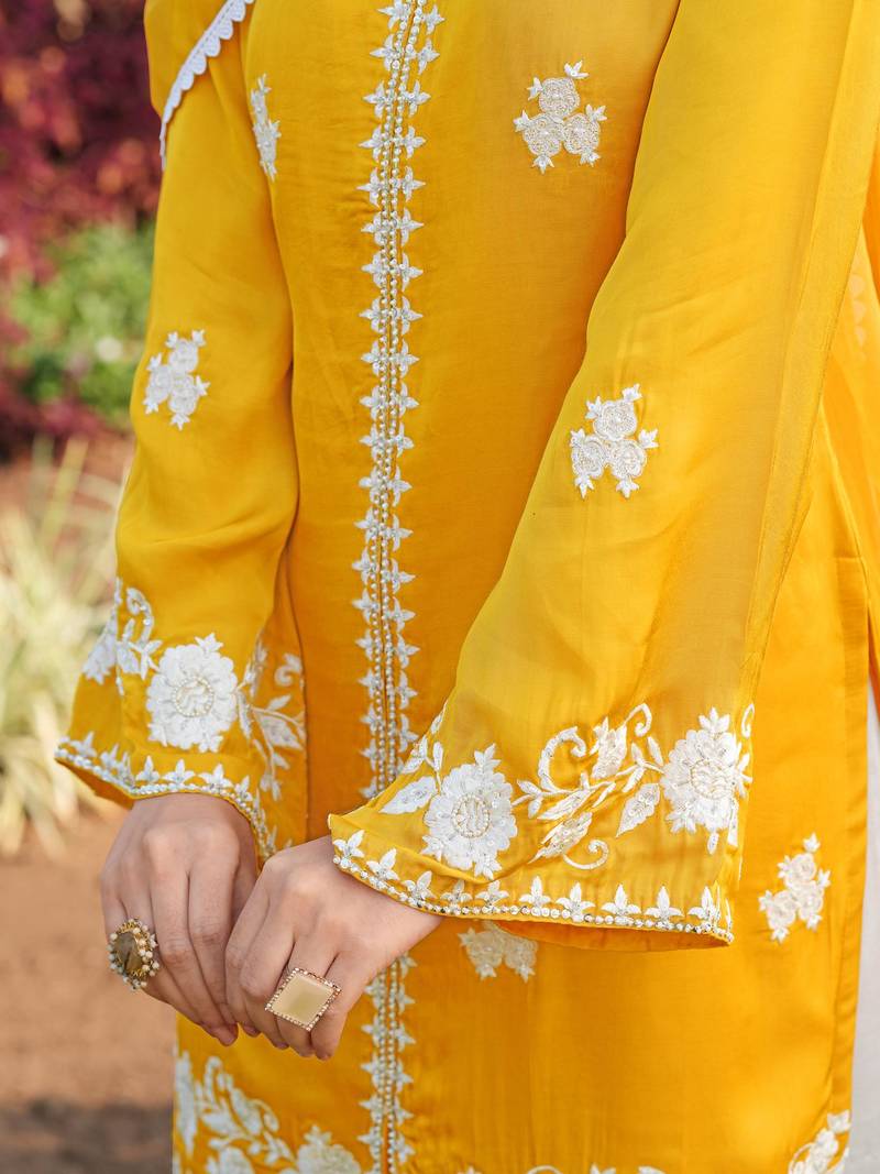 Yellow hand embroidery modal satin straight cut kurta kalidar palazzo set