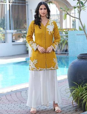 Dark-yellow hand embroidery modal satin straight cut kurta kalidar palazzo set 1