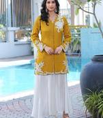 Dark-yellow hand embroidery modal satin straight cut kurta kalidar palazzo set