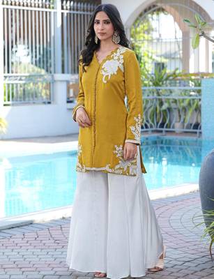 Dark-yellow hand embroidery modal satin straight cut kurta kalidar palazzo set 3
