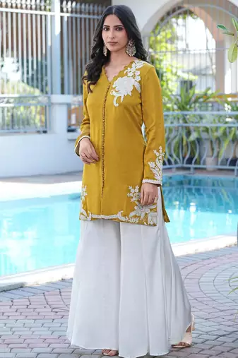Dark-yellow hand embroidery modal satin straight cut kurta kalidar palazzo set