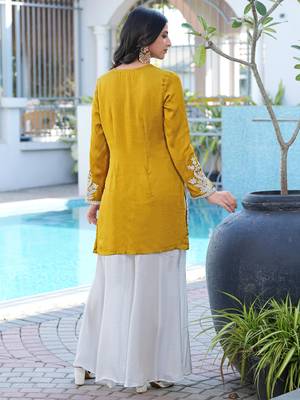 Dark-yellow hand embroidery modal satin straight cut kurta kalidar palazzo set 4