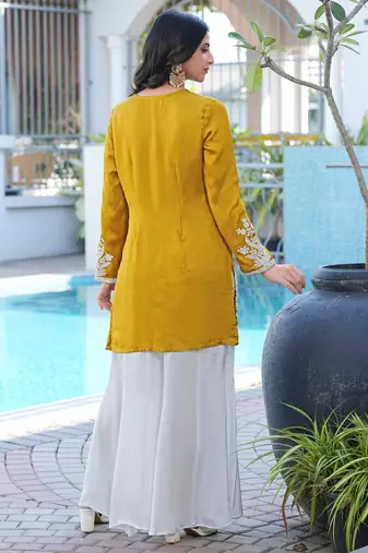Dark-yellow hand embroidery modal satin straight cut kurta kalidar palazzo set