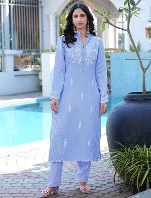 Light-purple embroidered modal satin straight cut kurta pants set 1