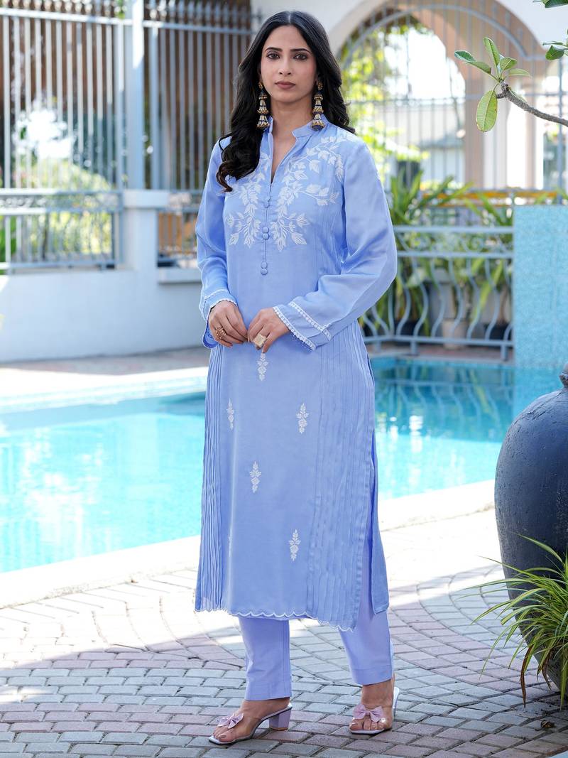 Light-purple embroidered modal satin straight cut kurta pants set