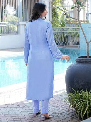 Light-purple embroidered modal satin straight cut kurta pants set 4