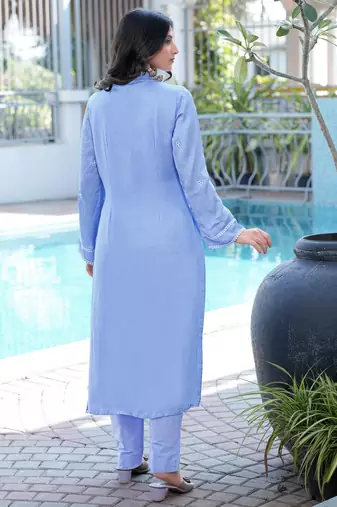 Light-purple embroidered modal satin straight cut kurta pants set