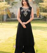 Black embroidered art silk a line kurta palazzo set