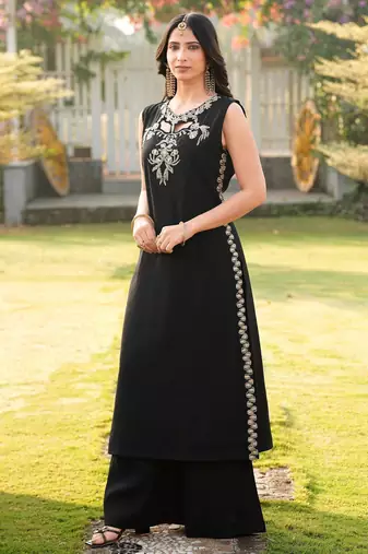 Black embroidered art silk a line kurta palazzo set