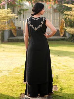 Black embroidered art silk a line kurta palazzo set 4