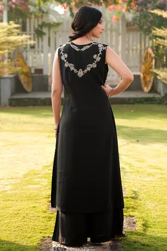 Black embroidered art silk a line kurta palazzo set