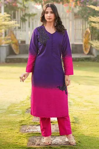 Dark-purple hand embroidery art silk straight cut kurta pants set
