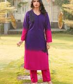 Dark-purple hand embroidery art silk straight cut kurta pants set