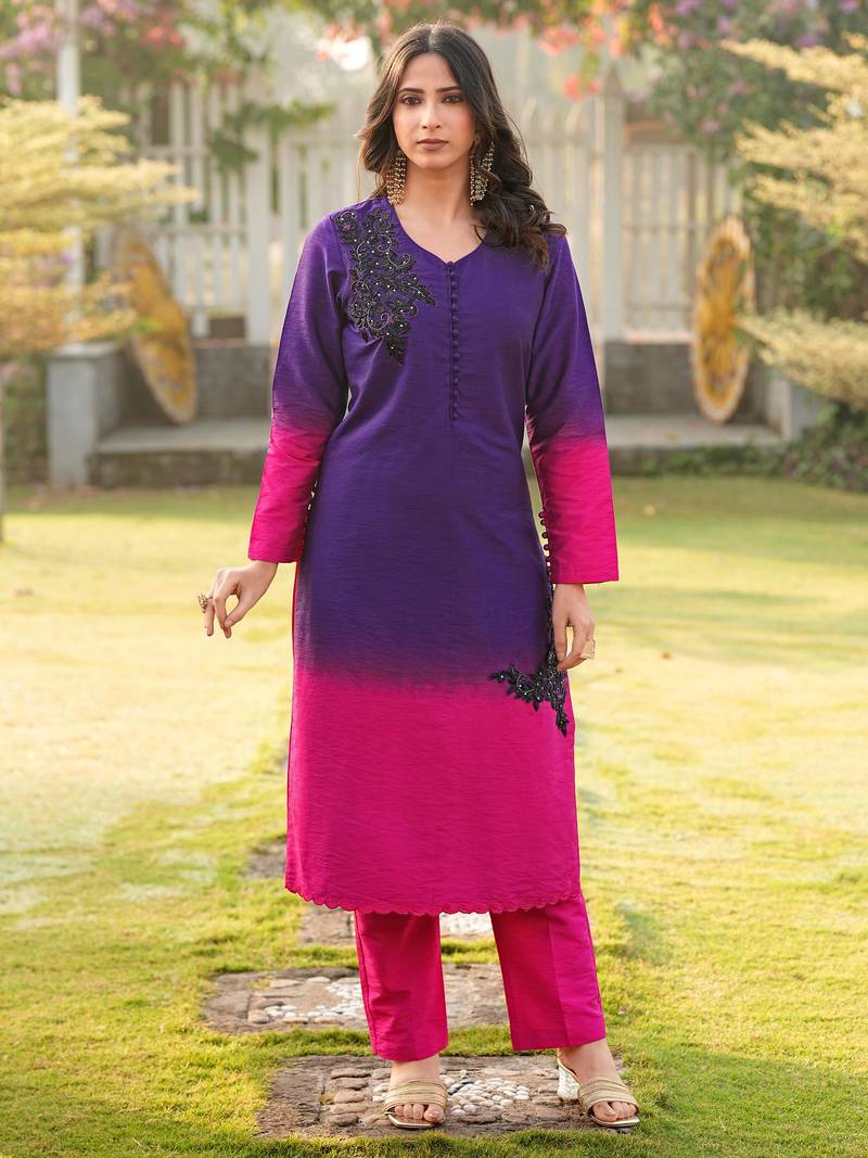 Dark-purple hand embroidery art silk straight cut kurta pants set