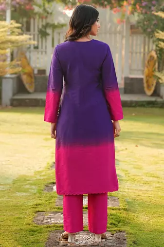 Dark-purple hand embroidery art silk straight cut kurta pants set