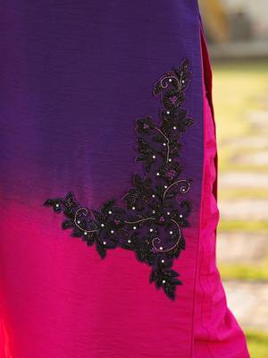 Dark-purple hand embroidery art silk straight cut kurta pants set 4