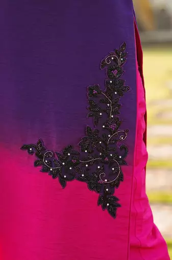 Dark-purple hand embroidery art silk straight cut kurta pants set