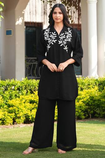 Black embroidered viscose georgette straight cut kurta culottes set